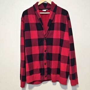 Joe Fresh Men's Red and Black Buffalo Check Fleece Cowl Neck Cardigan Size XXL